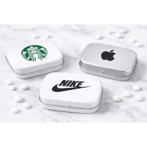 פחית מתכת ממותגת עם סוכריות מרעננות, פחית לבנה או כסף מאט עם לוגו חברה